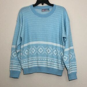 Pinwheels Vintage Ski Lodge Baby Blue and White Geometric Knit Sweater size M